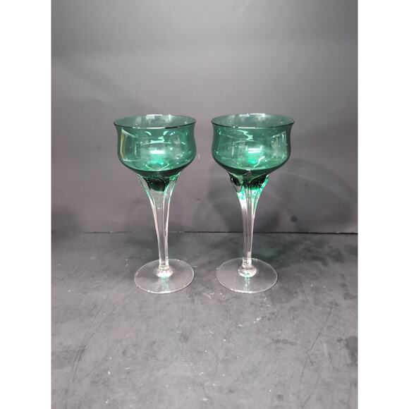 Tulip Stemware Emerald Green Cordials, Art Glass Set of 2, Murano Style, Vintage - Picture 4 of 9